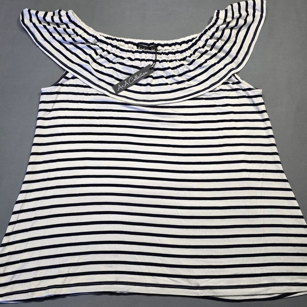 A+A Collection White Navy Stripe Shirt Ruffle Scoop Cap Sleeves NEW Women Size S